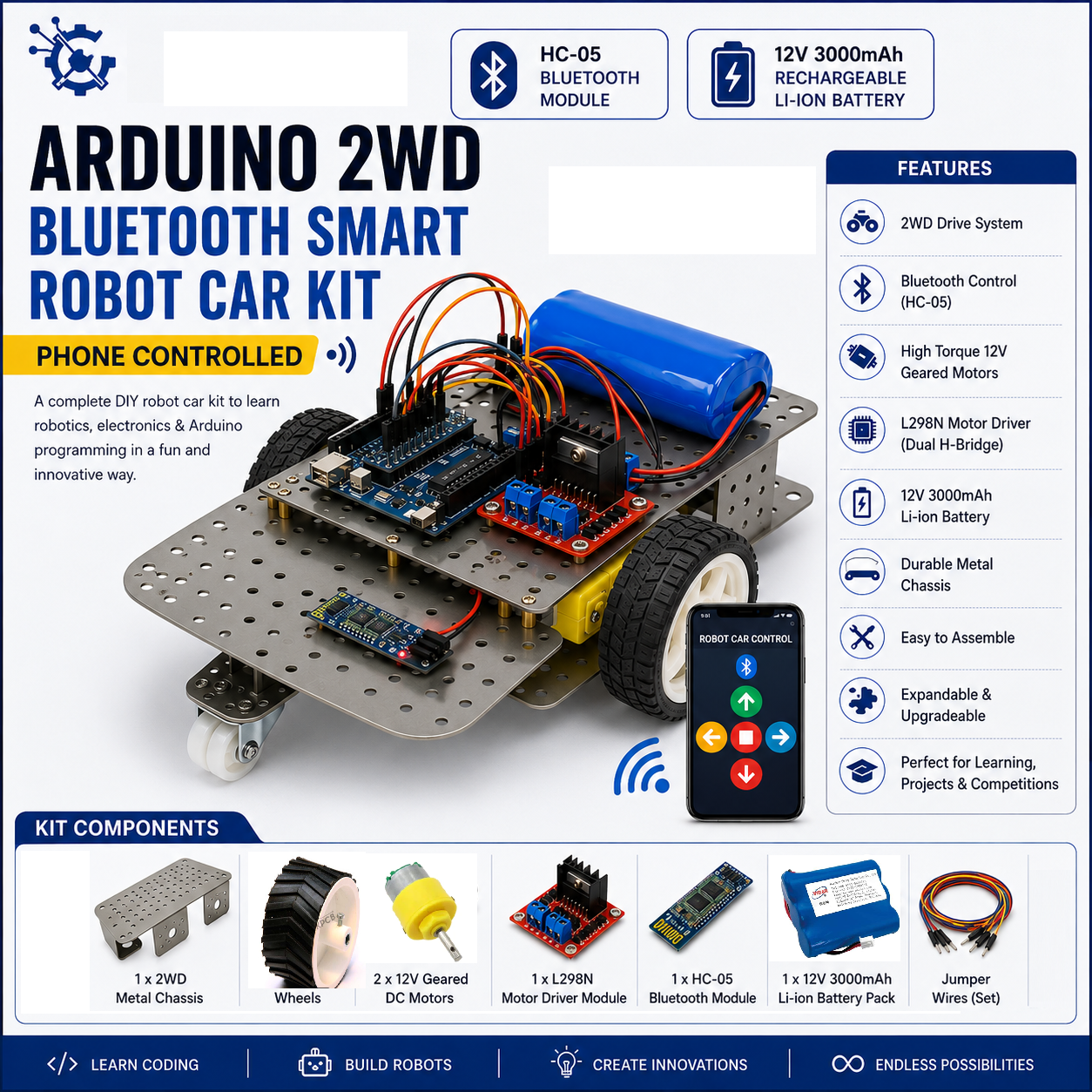 Arduino 2WD Metal Bluetooth Smart Robot Car Kit
